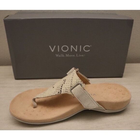 Vionic Women's Sz 7.5M Bone Leather Snake Print Leather T-Strap Sandal $100 - Picture 7 of 10